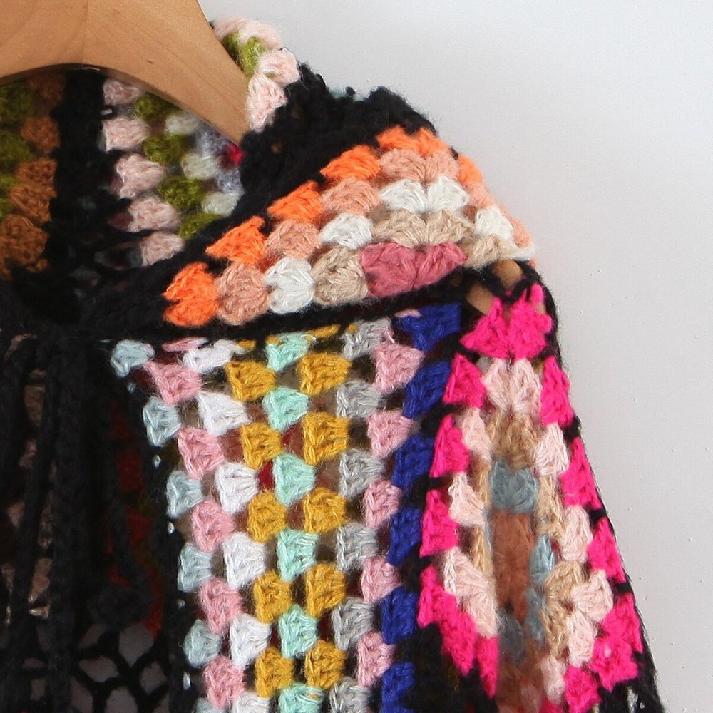 Bohemia Colored Plaid Flower Granny Square Hand Crochet Hooded Sweater Long Card - Picture 5 of 7